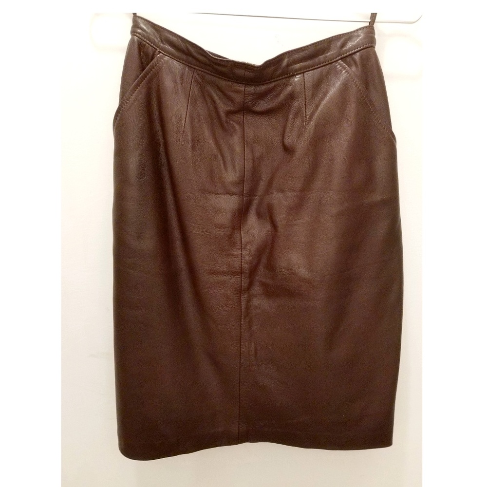Vintage Dark Brown Brick Leather Pencil Skirt